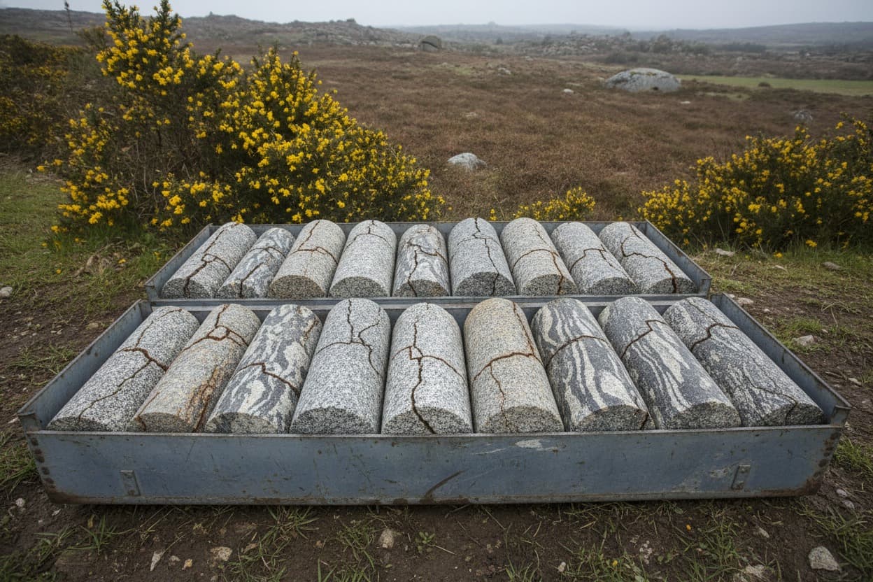 Carottes de roche remontées d'un forage breton, granite et schiste alignés dans une caisse de prélèvement