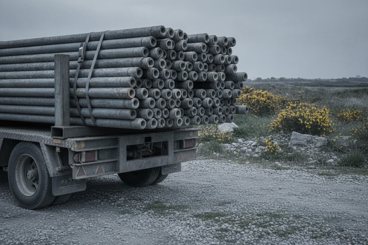 Train de tiges de forage empilé sur une remorque de foreuse, prêt à équiper un chantier breton