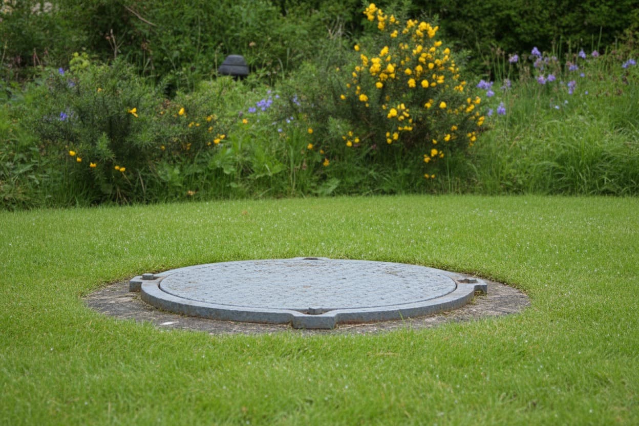 Tête de forage domestique équipée dans un jardin breton, capot de protection au niveau du sol