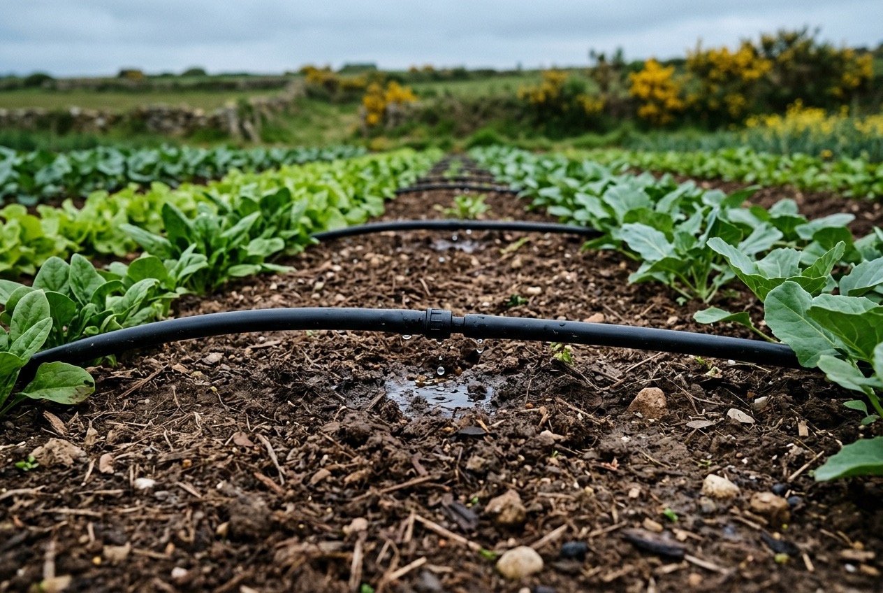 Ligne d'irrigation goutte à goutte entre les rangs d'un champ maraîcher léonard