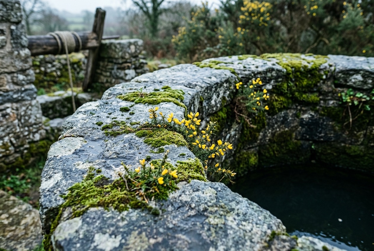 Margelle en pierre d'un puits ancien du bocage breton, moussue et couverte